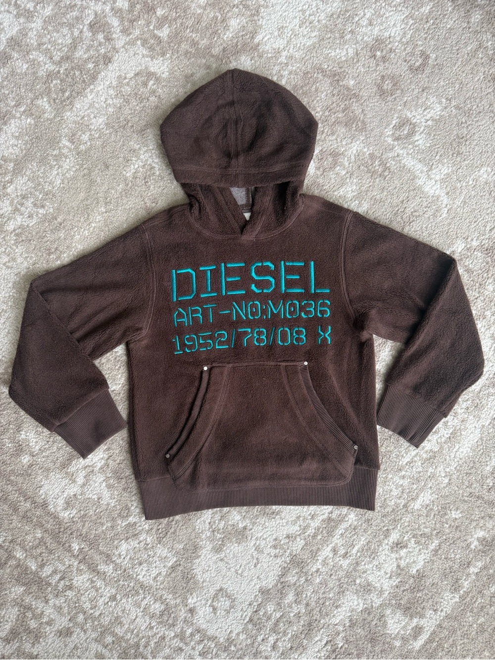 Vintage Diesel Kids Brown Fleece Hoodie Teal Graphic Size 7